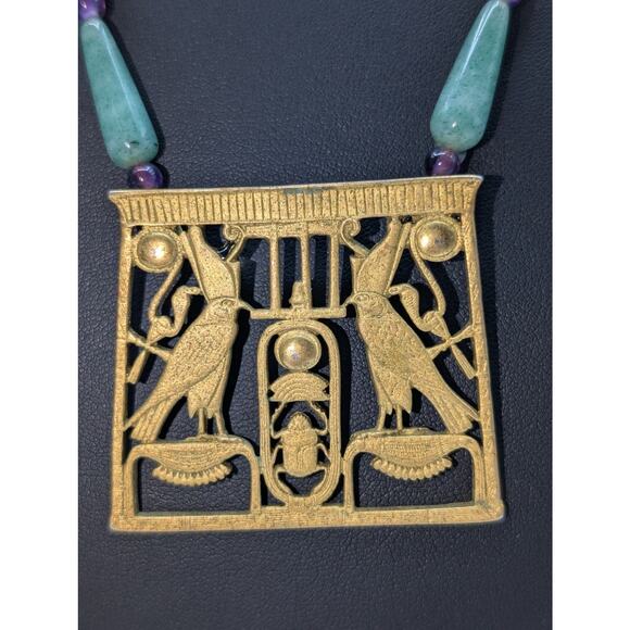 Vintage MMA 1976 Egyptian Scarab Falcon Gold Tone Pectoral Stone Bead Necklace - Picture 6 of 7
